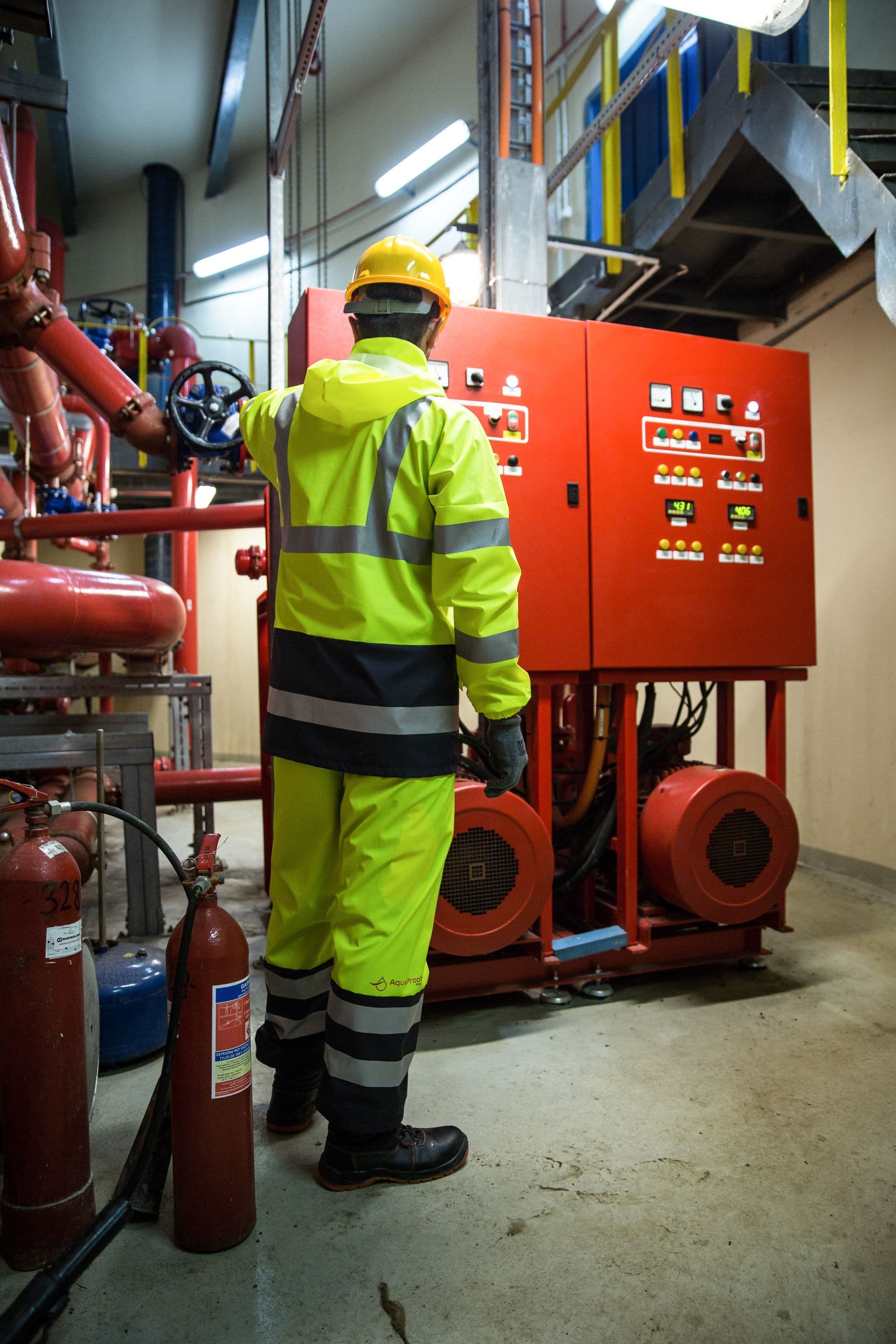 Fire protection engineer inspecting a commercial building system
